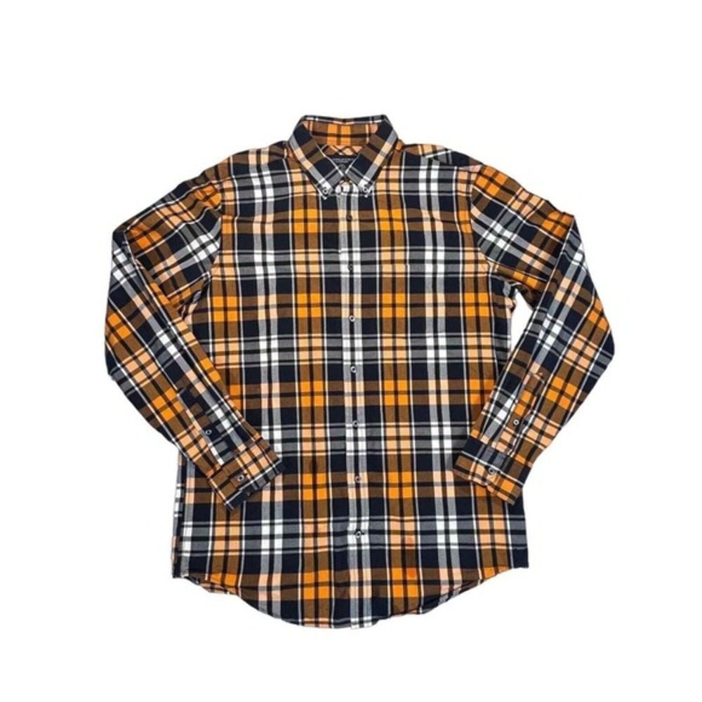 American Eagle Men's Size Large Prep Fit Orange Black Plaid Long Sleeve Button